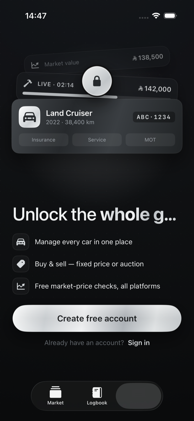 The Garage tab in guest mode invites you to create a free account